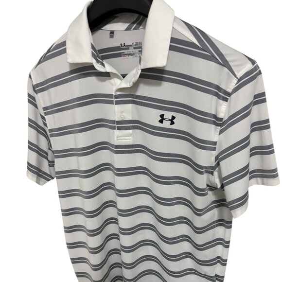 Under Armour Loose Fit Golf Polo Size XL Striped Stretch White - Picture 2 of 6